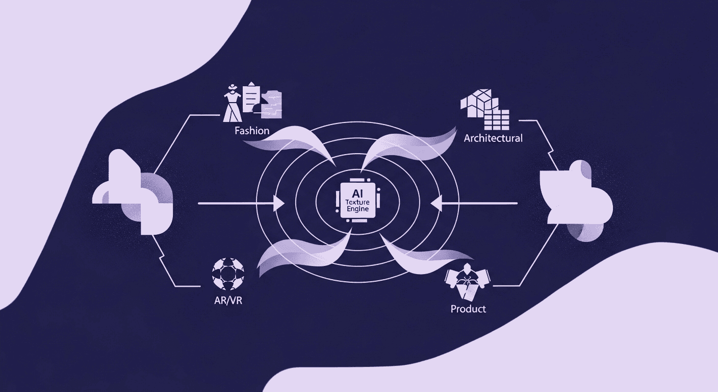 AI Texture Generators - Creative Leverage Metaphor Illustration showing an AI Texture Engine at the center, with arrows indicating its application to four key industries: Fashion, Architectural design, Product visualization, and AR/VR development.