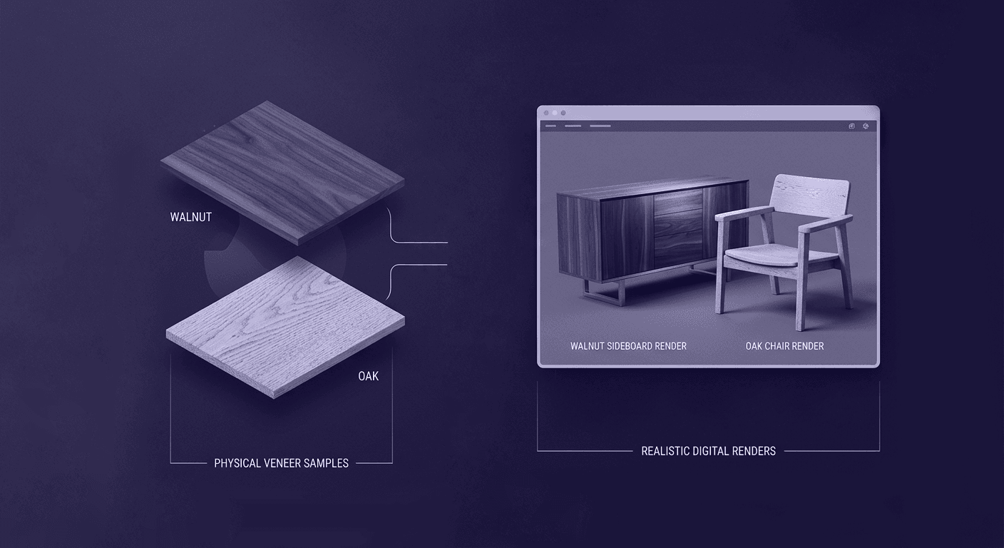 Walnut and Oak Veneer Design Strategies - Material Duality Illustration An infographic comparing physical walnut and oak veneer samples with their corresponding 3D digital furniture renders.