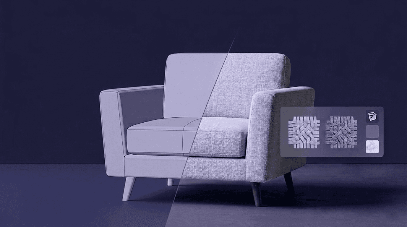 Photorealistic Fabric Textures - Woven Pattern Transformation A side-by-side comparison of a 3D armchair in SketchUp, showing the transition from a raw gray-scale model to a fully rendered surface with a seamless woven fabric texture.